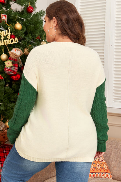 Plus Size Cable Knit Colour Block Drop Shoulder Sweater | Mist Green