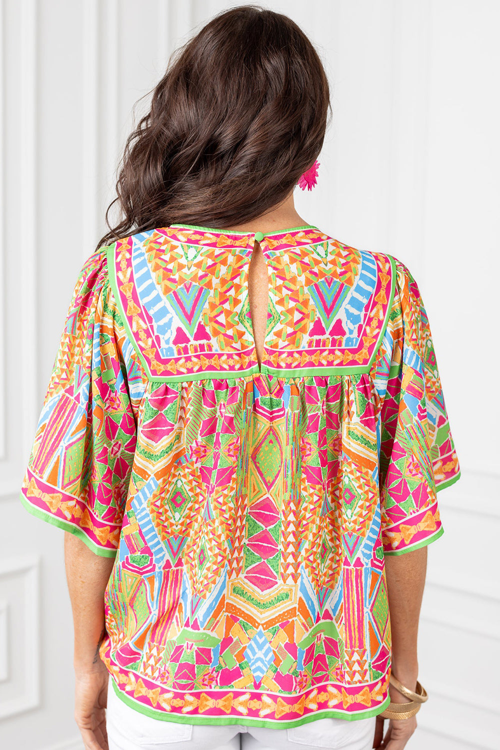 Geometric Print Bell Sleeve O Neck Babydoll Blouse | Orange