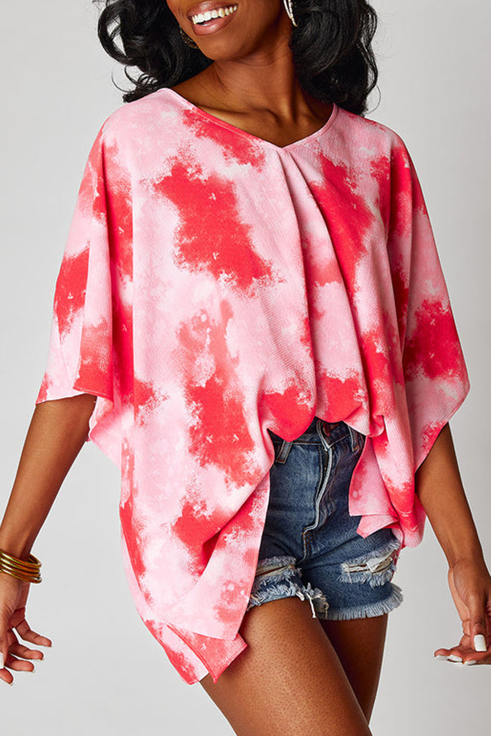 Plus Size Tie-Dye Print 3/4 Sleeve Tunic Top | Red