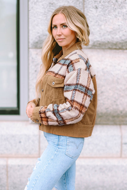 Plaid Corduroy Flap Pockets Boxy Chunky Jacket | Khaki