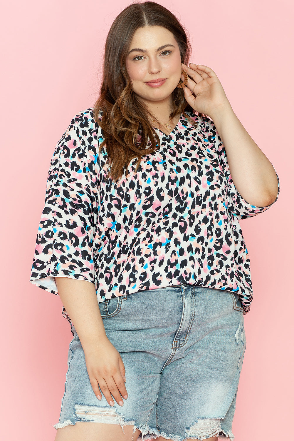 Leopard Print V Neck Batwing Sleeve Plus Size Top | Brown