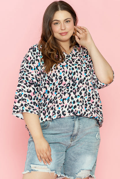 Leopard Print V Neck Batwing Sleeve Plus Size Top | Brown