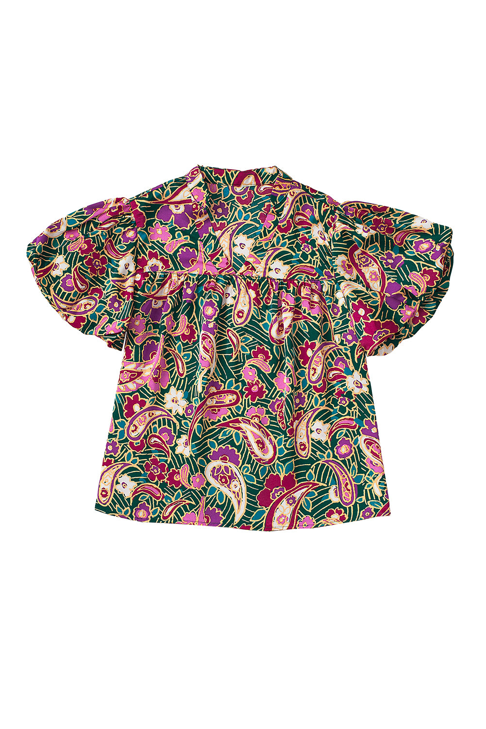 V Neck Short Bubble Sleeve Paisley Blouse | Green