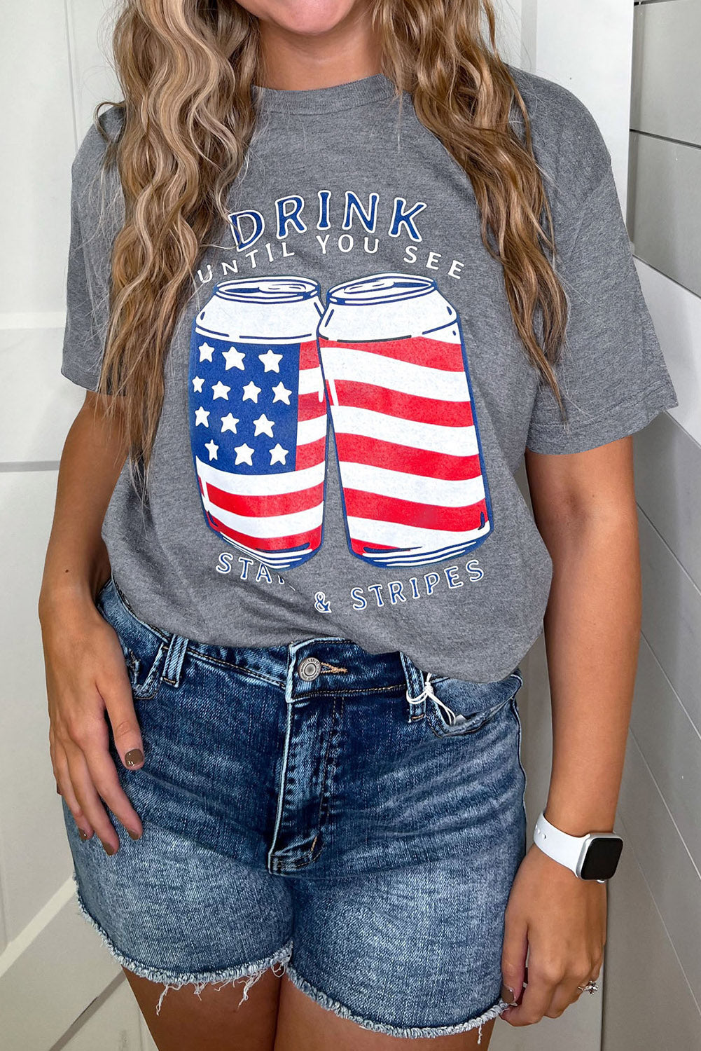 Gray USA Flag Drink Cans Slogan Graphic Tee