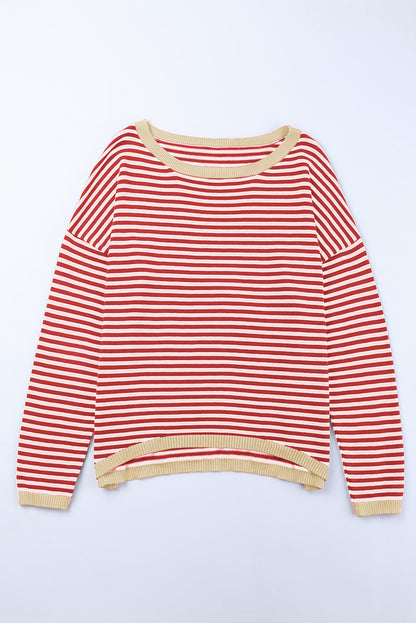 Contrast Trimmed Striped Drop Shoulder Sweater | Fiery Red