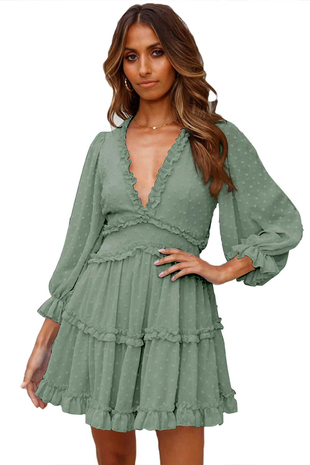 Layered Ruffled Open Back Puff Sleeve Swiss Dot Mini Dress | Green