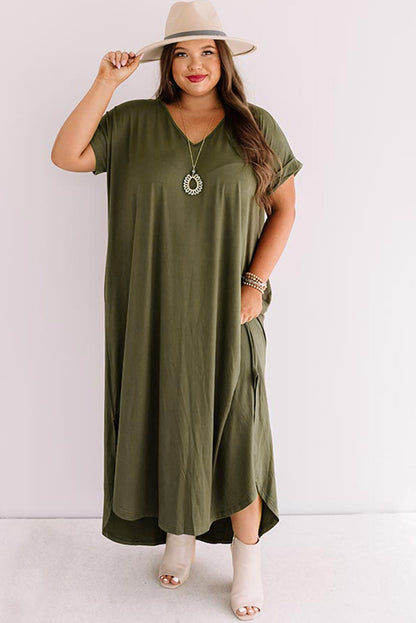 Plus Size V Neck Rolled Cuffs Maxi Dress | Green