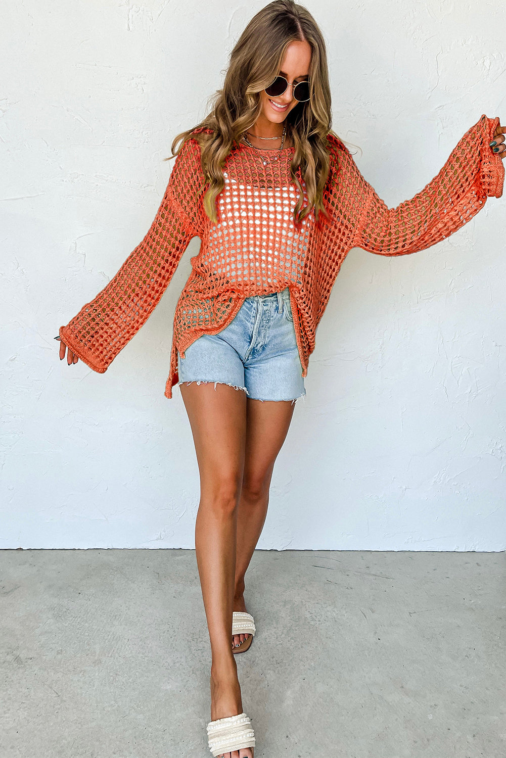 Open Knit Crochet Bell Sleeve Tunic Sweater | Orange