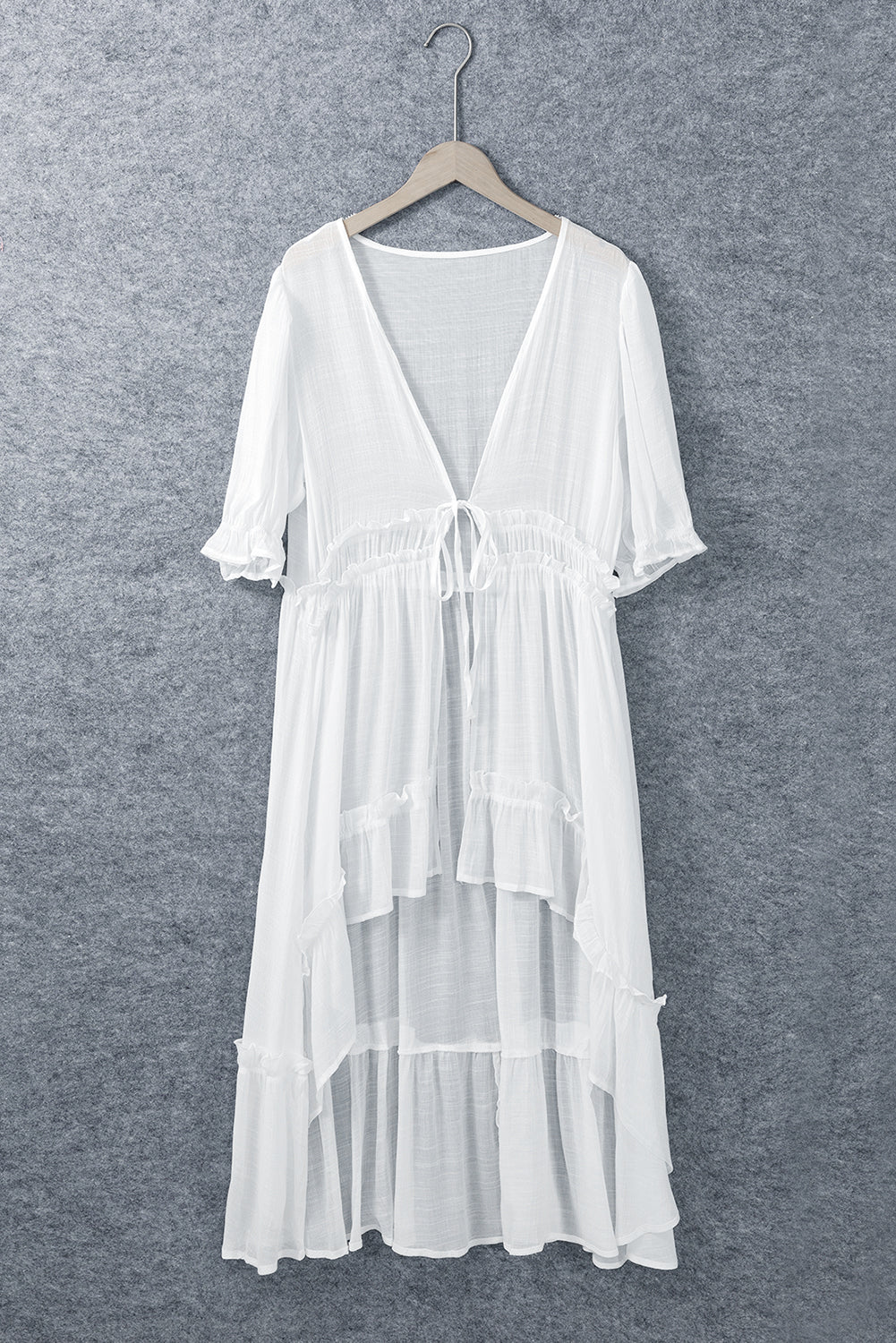 Half Sleeve Ruffled High Low Kimono | White