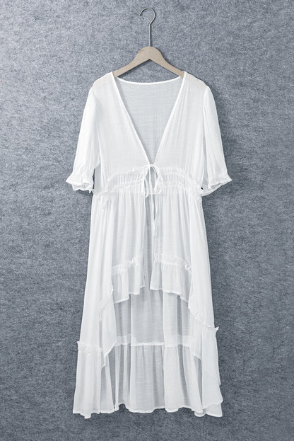 Half Sleeve Ruffled High Low Kimono | White