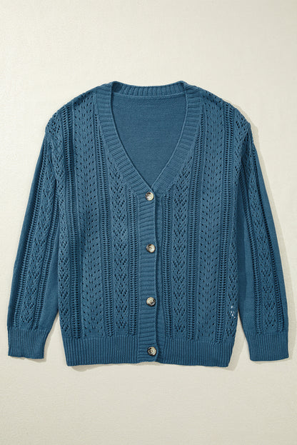 Open Knit V Neck Button Front Drop Shoulder Plus Size Cardigan | Real Teal