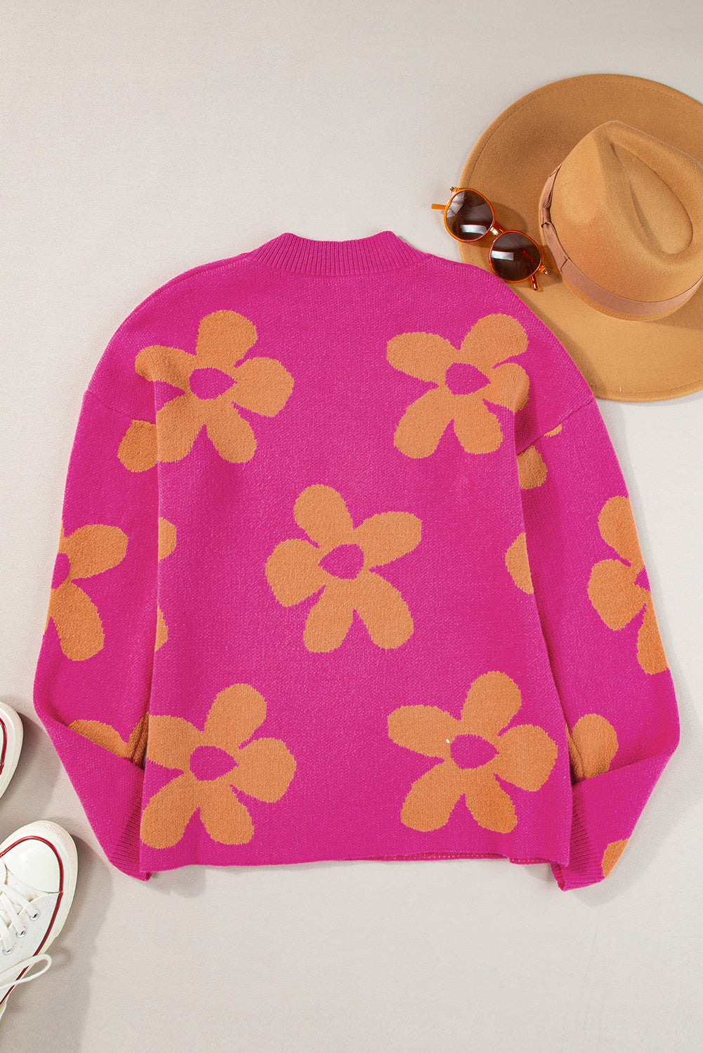 Big Flower Pattern Mock Neck Long Sleeve Sweater | Rose