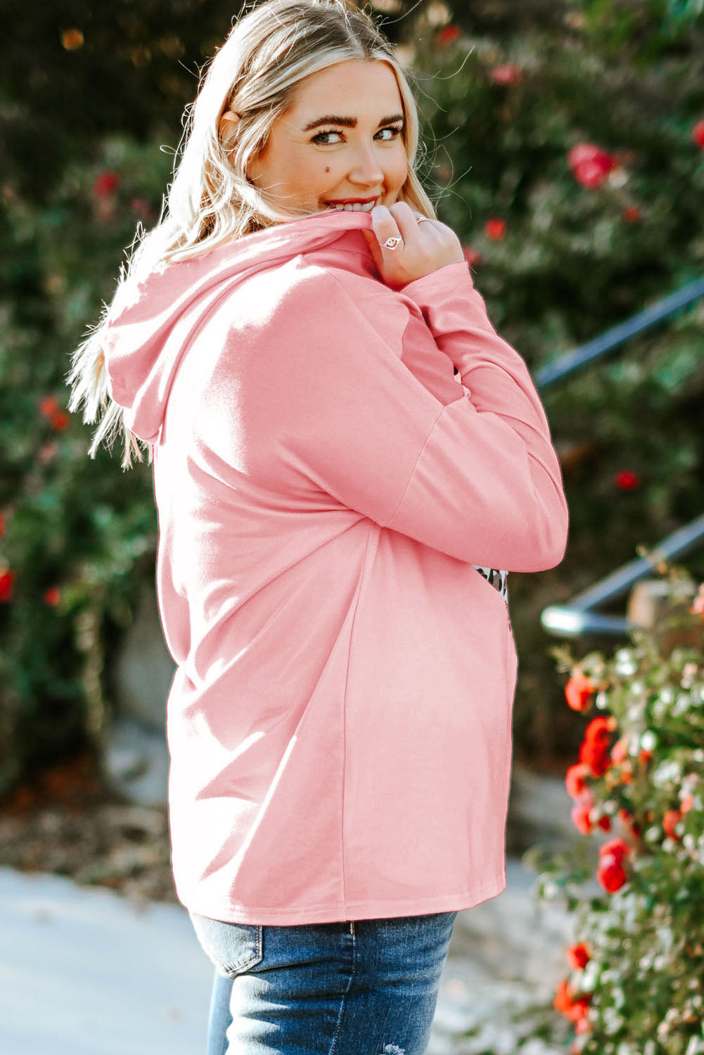 Plus Size Taupe Chevron Hooded Top | Pink