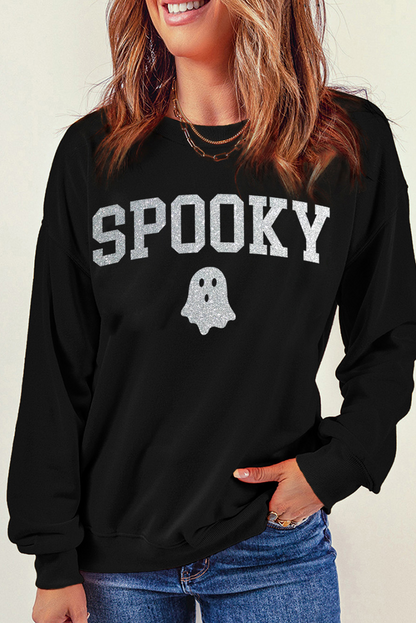 Glitter Spooky Ghost Pattern Crew Neck Halloween Sweatshirt | Black