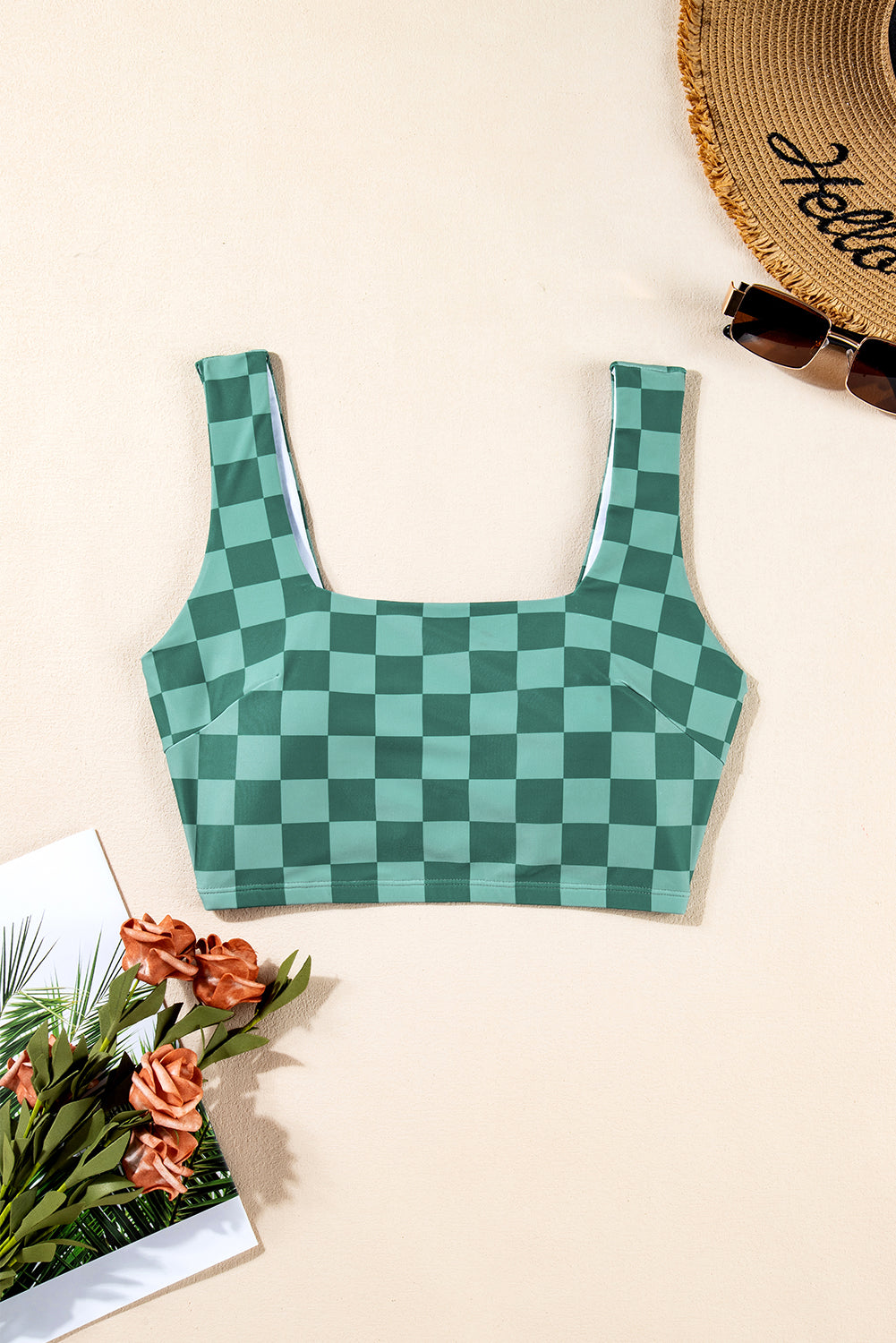 Checkered Print Square Neck Cropped Swim Top | Green