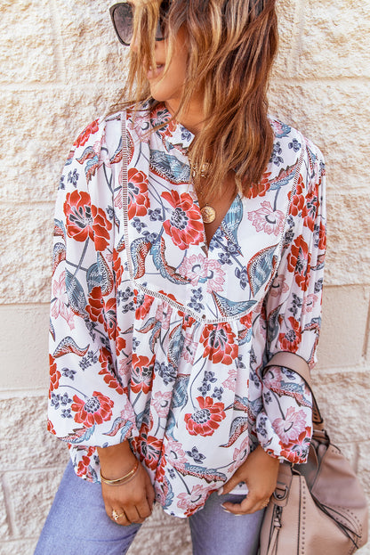 Fiery  Split Neck Bubble Sleeve Floral Patchwork Blouse | Red