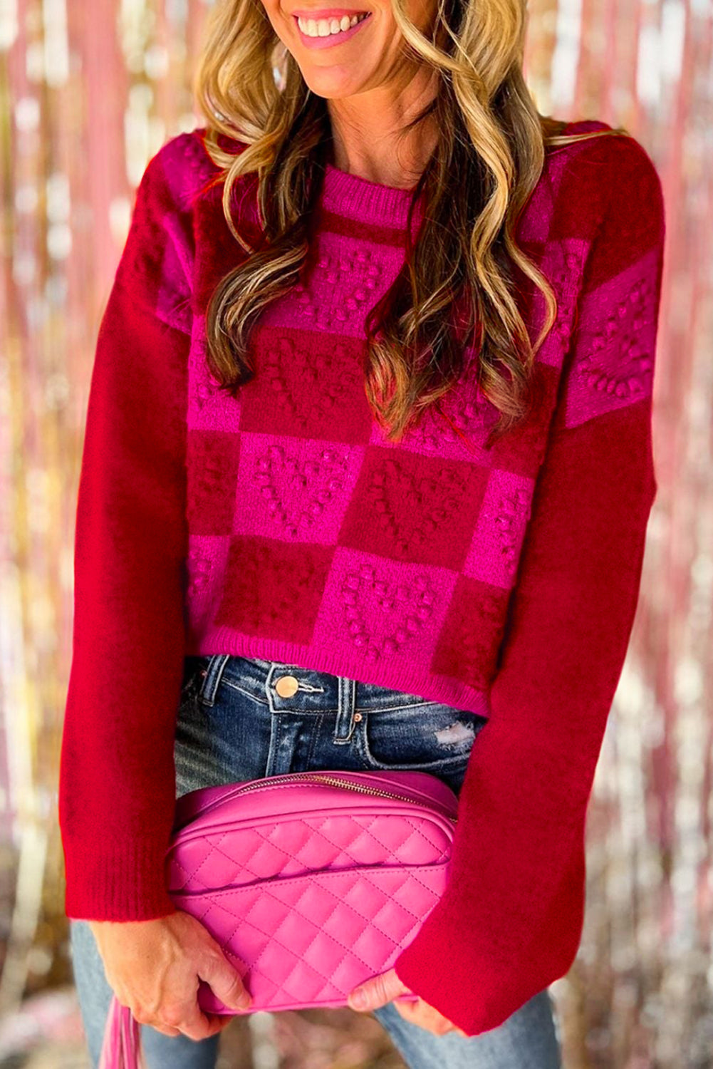 Checkered Pattern Heart Detail Textured Sweater | Multicolour