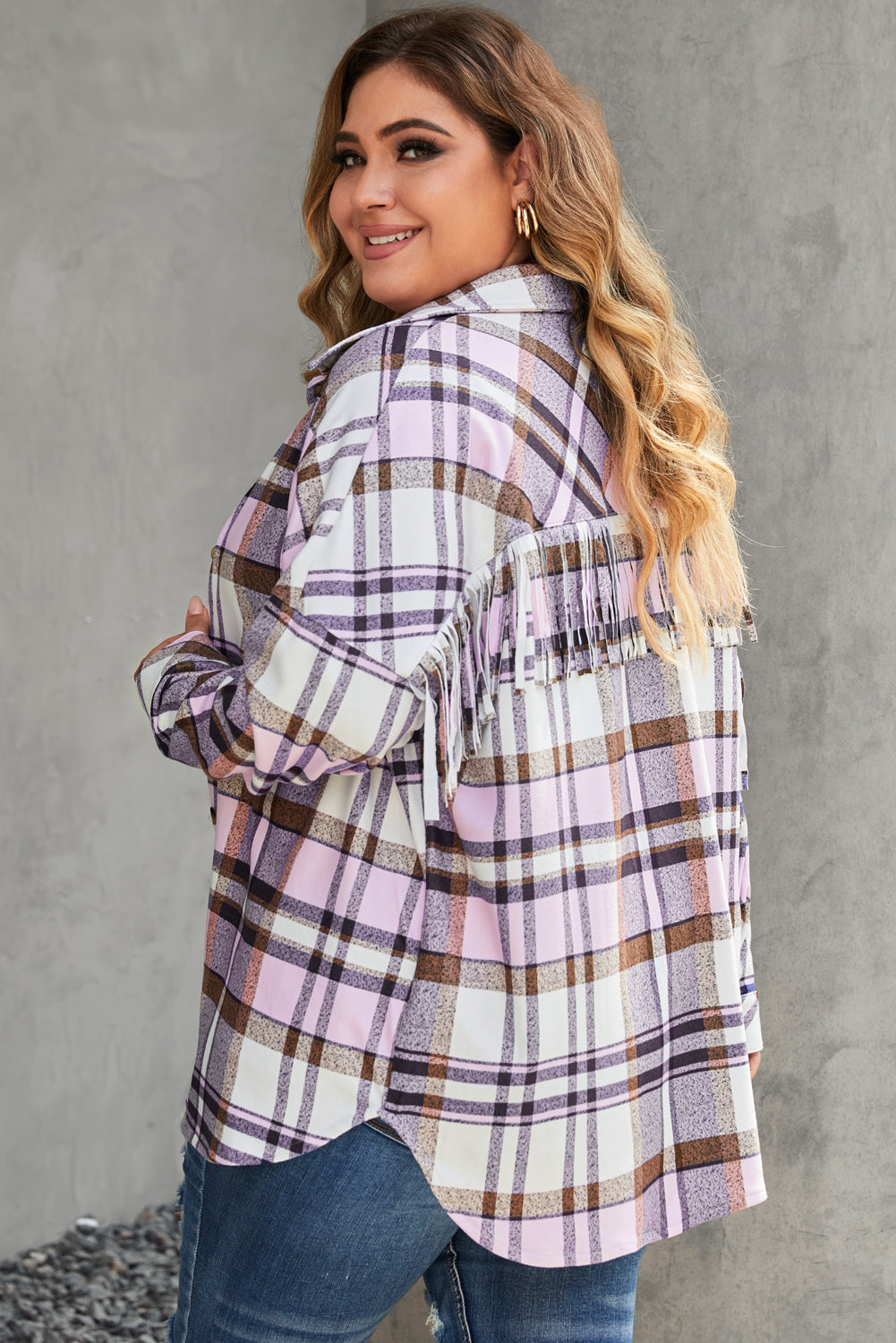 Plus Size Plaid Fringed Back Button Shacket | Pink