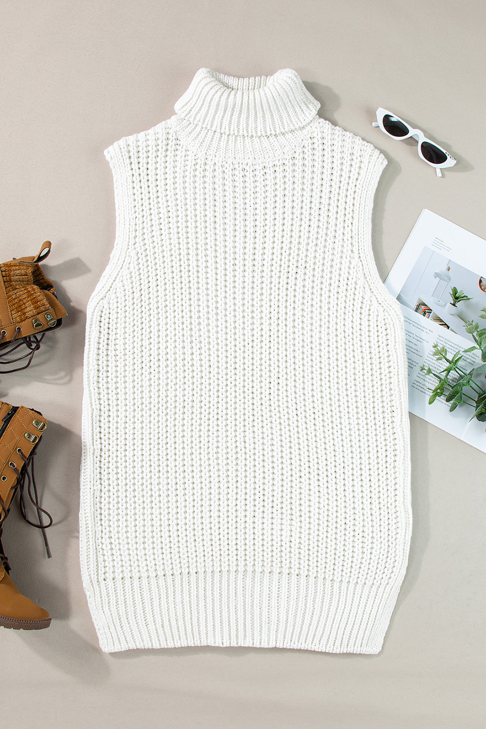 Turtleneck Knitted Slit Hem Sweater Vest | White