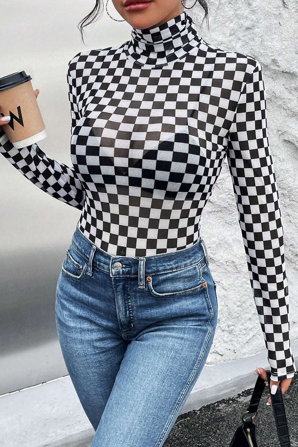 Checkered Printed Long Sleeve High Neck Bodysuit | Black