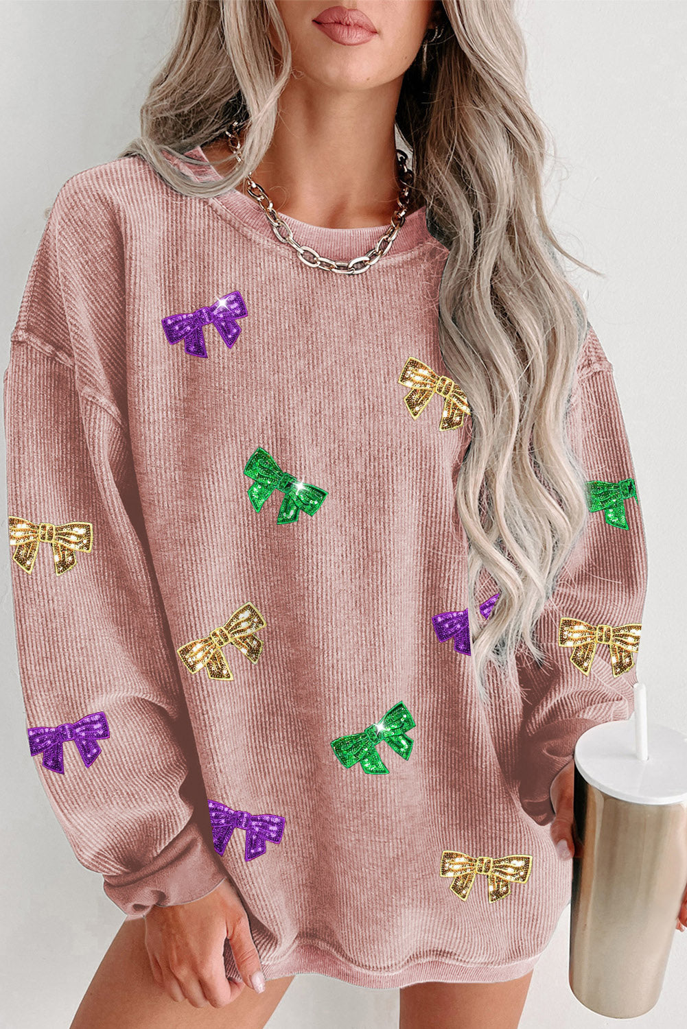 Pink Mardi Gras Sequin Bow Knot Drop Shoulder Corded Sweatshirt