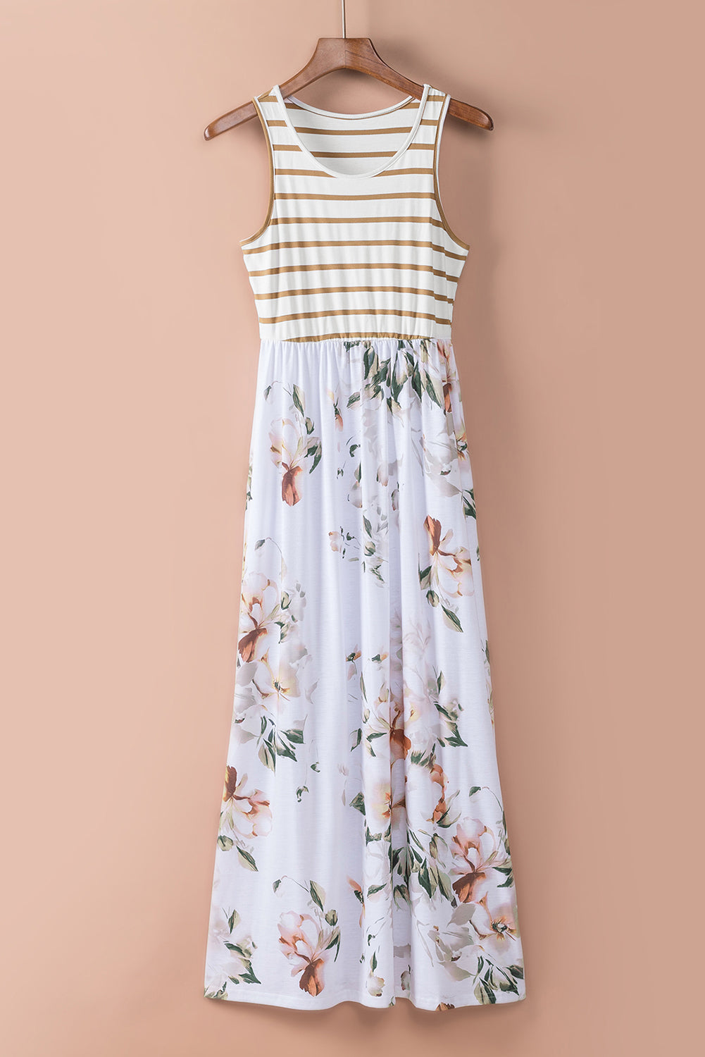 Striped Floral Print Sleeveless Maxi Dress With Pocket | White