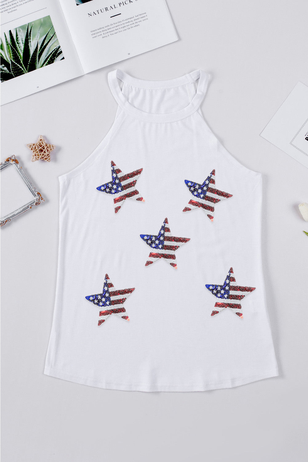 Sequined American Flag Star Graphic Tank Top | White