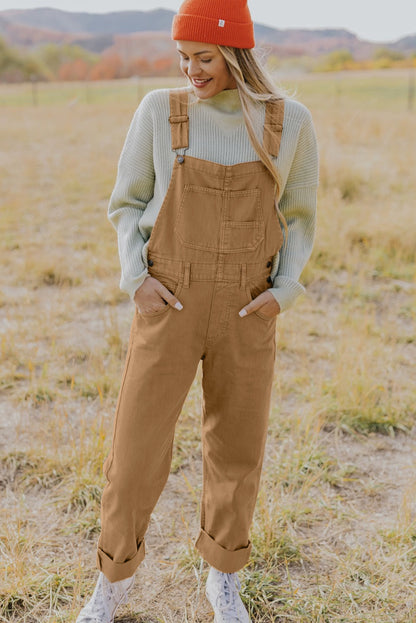 Vintage Multi Pockets Buckle Strap Cargo Denim Overalls | Khaki