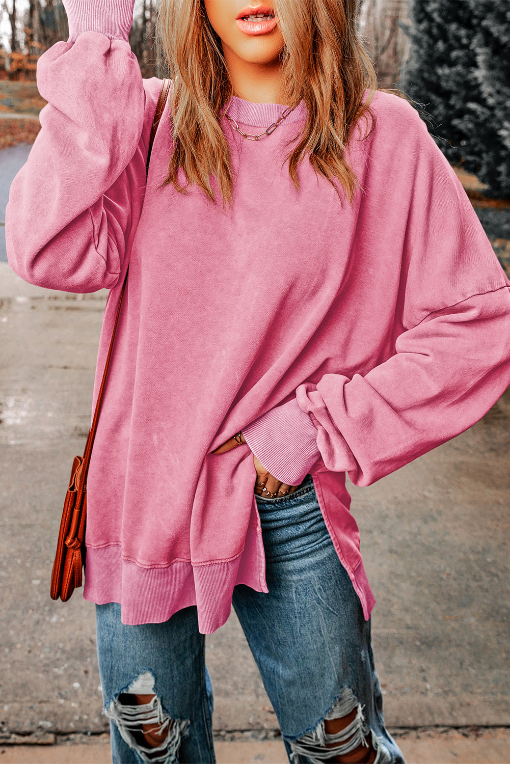 Drop Shoulder Ribbed Trim Oversized Sweatshirt | Pink