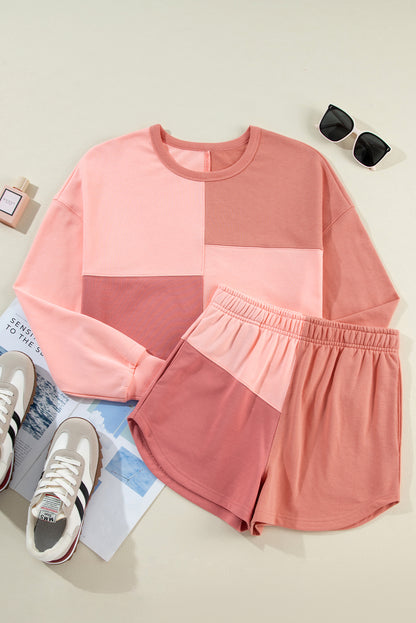 Colourblock Patchwork Long Sleeve Shorts Outfit | Peach Blossom