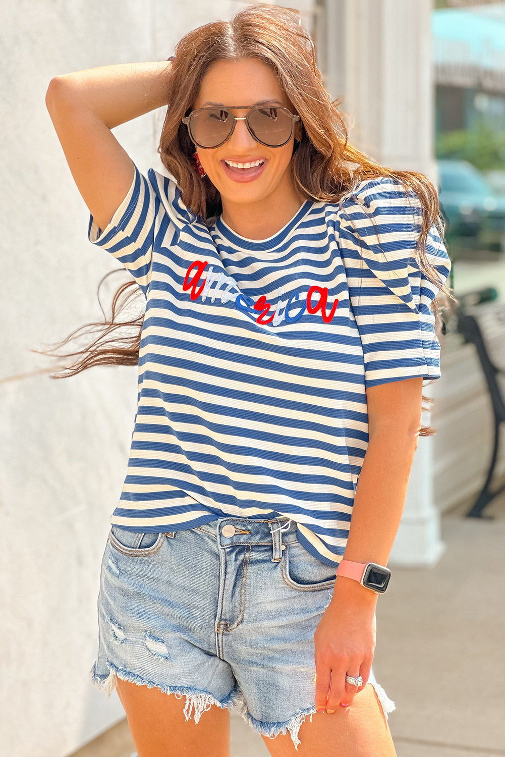 America Cursive Graphic Puff Sleeve T-Shirt | Blue Stripe