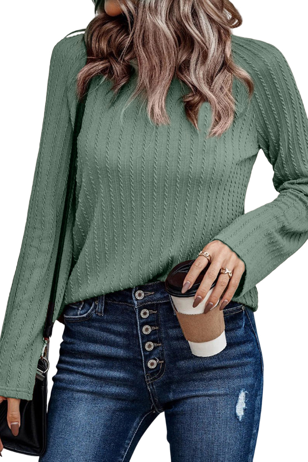 Ribbed Round Neck Knit Long Sleeve Top | Green