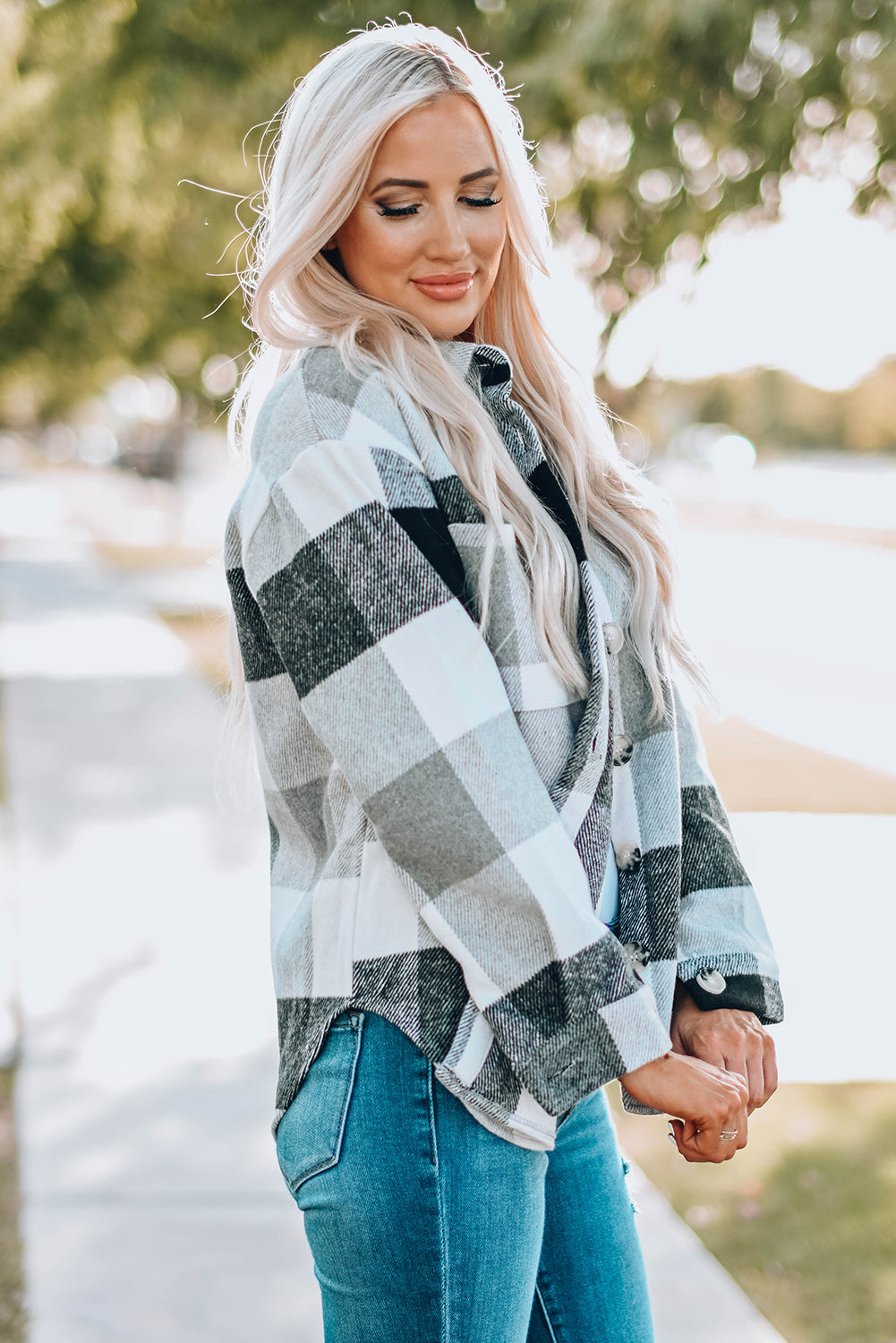 Plaid Colour Block Buttoned Long Sleeve Jacket With Pocket | Gray