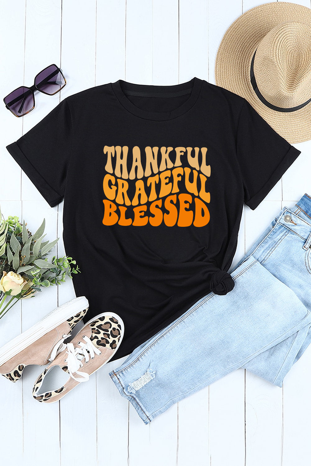 Thankful Grateful Blessed Crew Neck Graphic Tee | Black