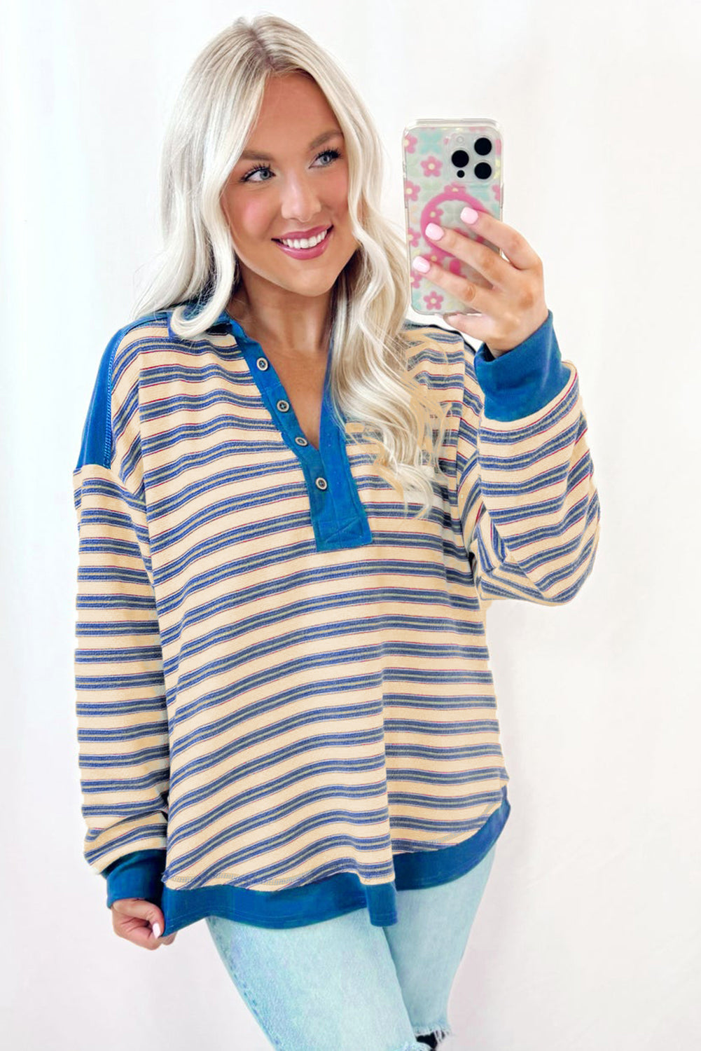 Buttoned V Neck Collared Drop Shoulder Top | Blue Stripe