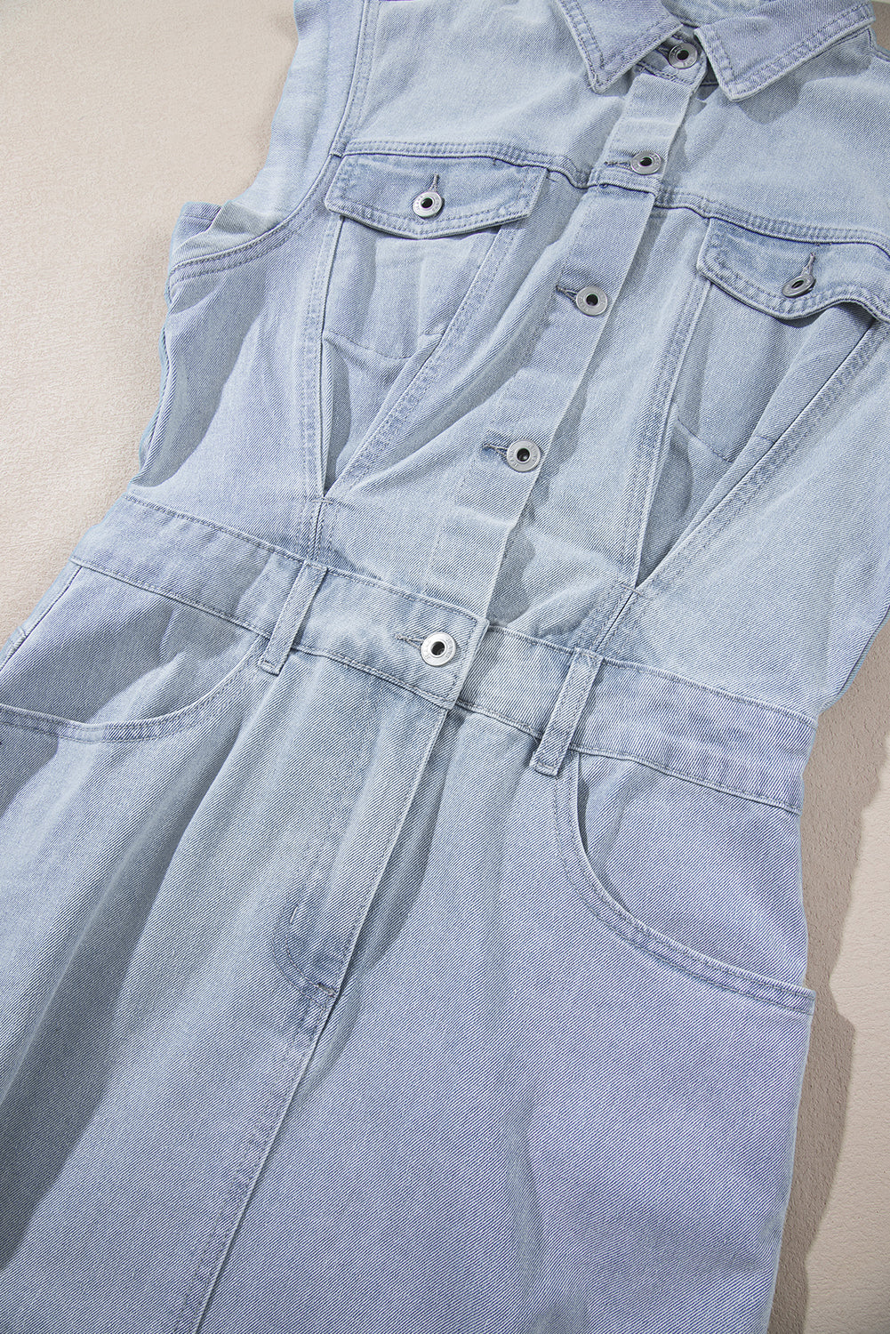 Acid Wash Flap Pockets Frayed Denim Dress | Light Blue