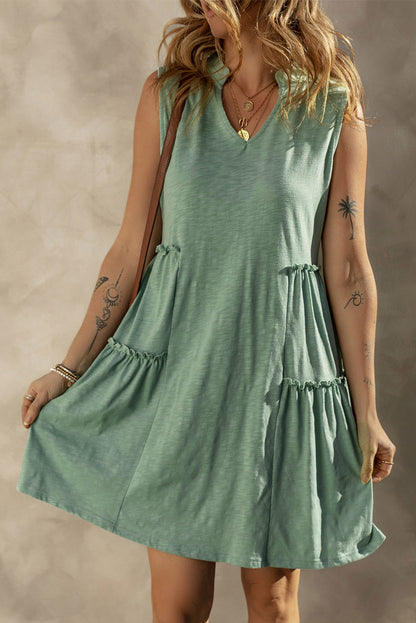 Split V Neck Tiered Flowy Sleeveless Dress | Moonlight Jade