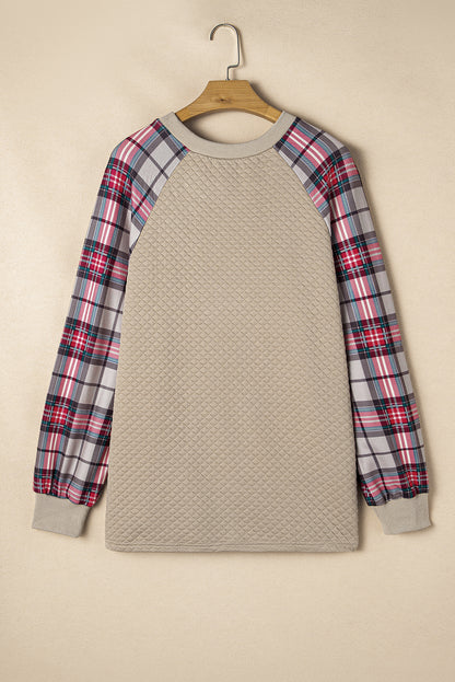 Plus Size Plaid Raglan Sleeve Crew Neck Sweatshirt | Apricot