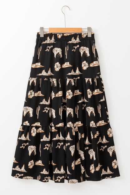 Western Print Tiered Ruffled High Waist Maxi Skirt | Black