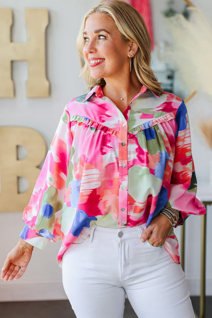 Abstract Printed Lantern Sleeve Frilled Button Front Collared Shirt | Multicolour