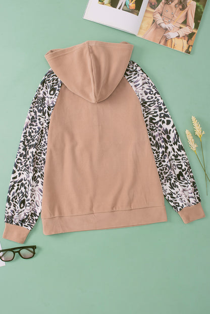 Print Buttoned Neckline Raglan Sleeve Hoodie | Leopard