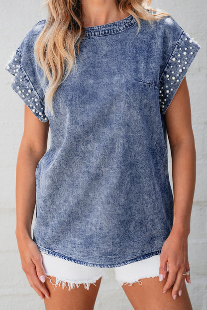 Acid Wash Pearl Embellishments O-Neck Denim Top | Dusk Blue