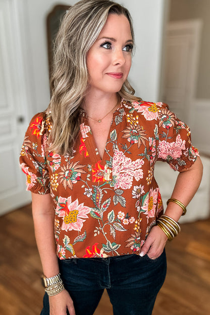 Floral Stitched V Neck Frilled Trim Puff Short Sleeve Blouse | Brown