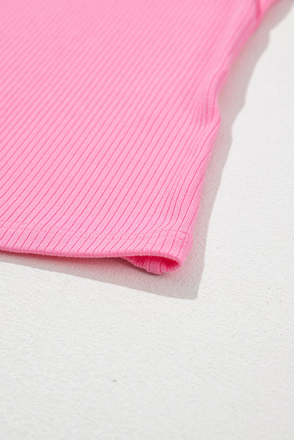 Ruffled Pleated Mesh Sleeve Ribbed Knit Slim Fit T Shirt | Strawberry Pink