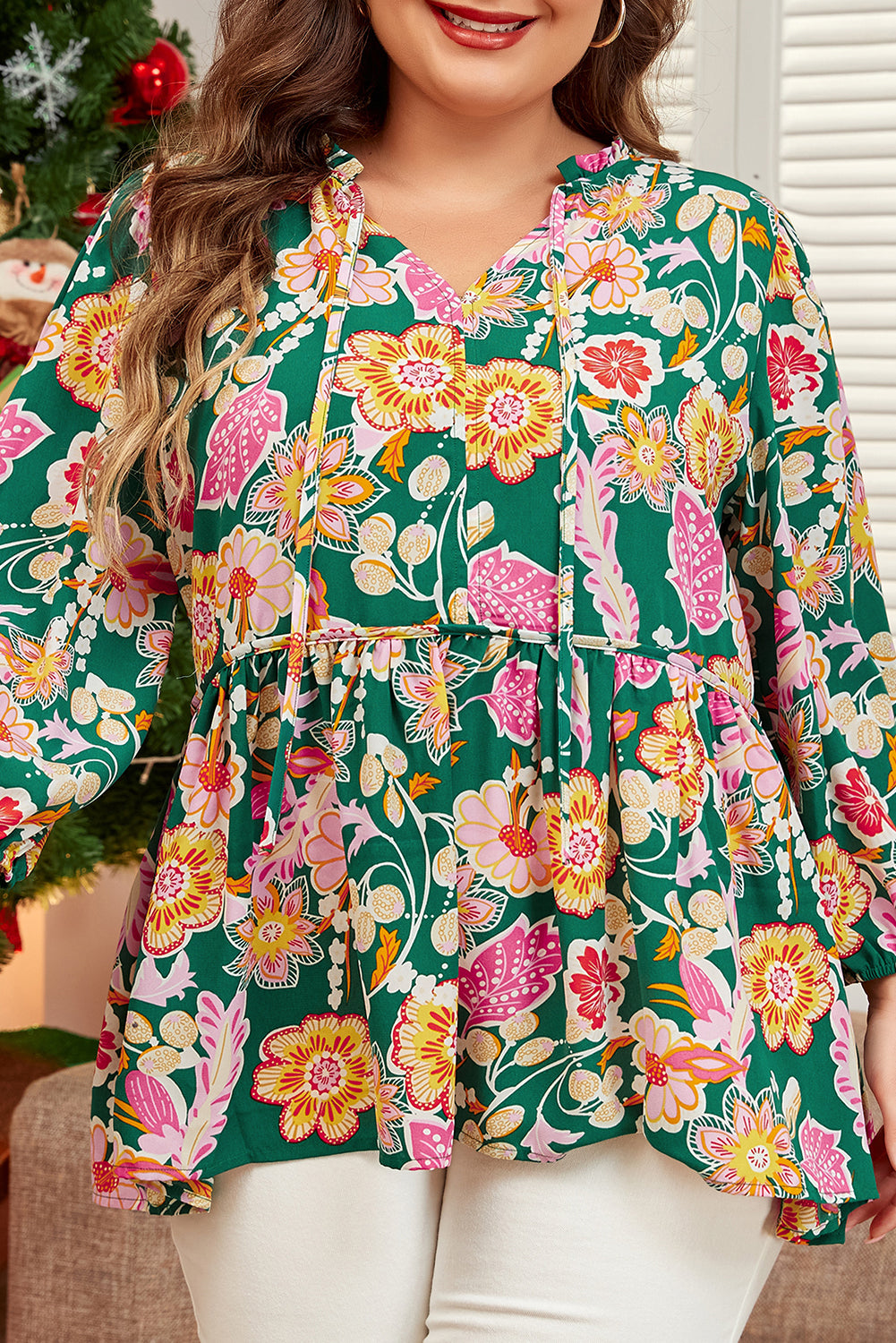 Floral Tied V Neck Long Sleeve Plus Size Babydoll Top | Green