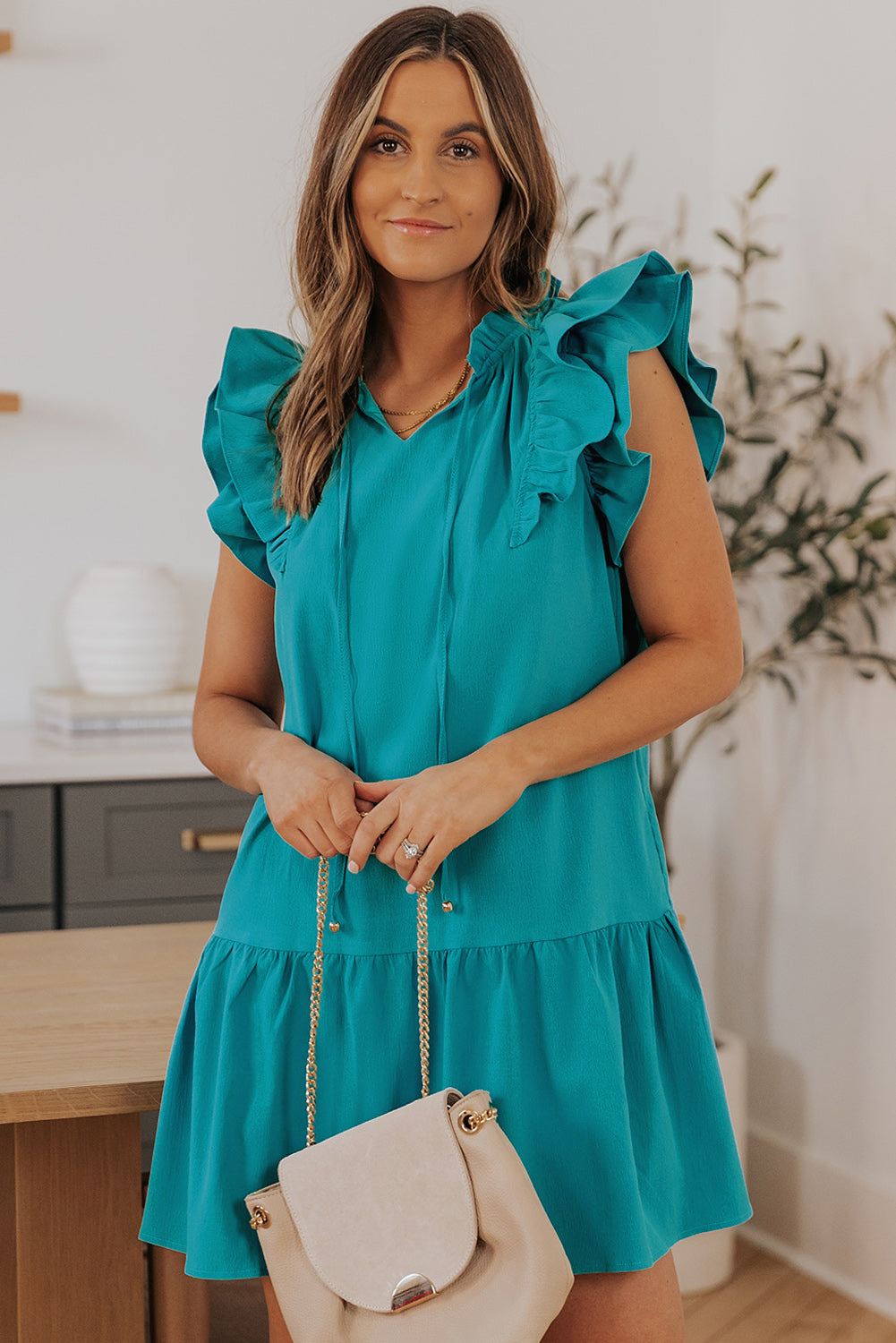 Tiered Ruffled Sleeves Mini Dress With Pockets | Green