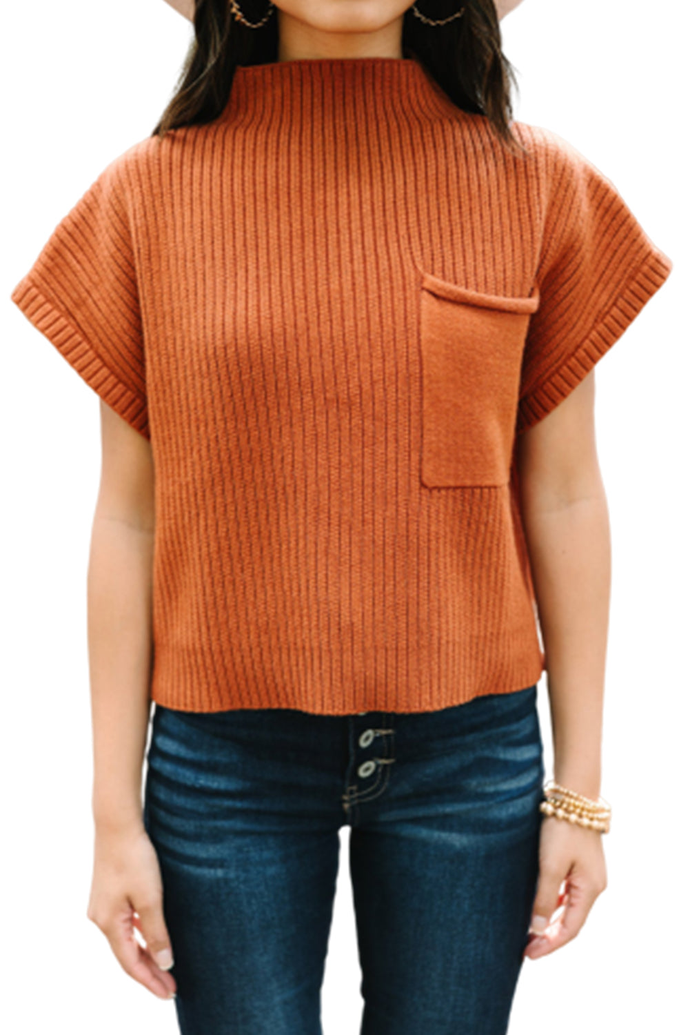 Patch Pocket Ribbed Knit Short Sleeve Sweater | Gold Flame