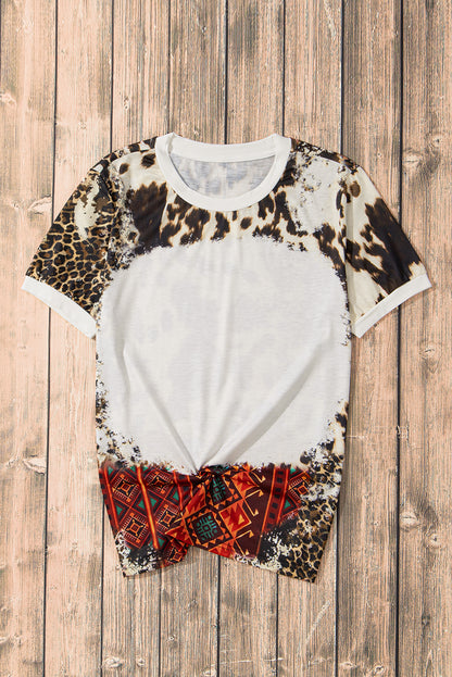 Western Aztec Leopard Print Bleached T Shirt | Dark Brown