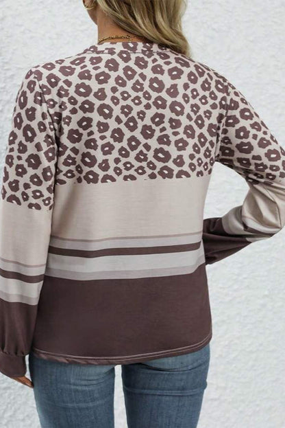 Plus Size Leopard Striped Long Sleeve Crew Neck Top | Coffee