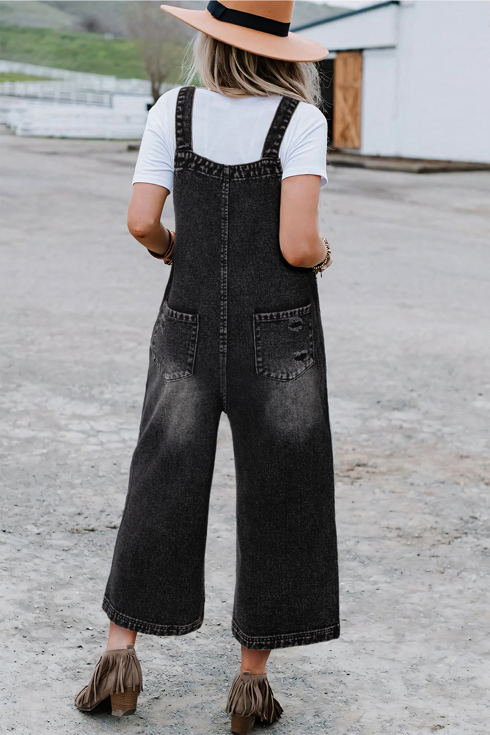 Distressed Bib Pocket Wide Leg Denim Overall | Black